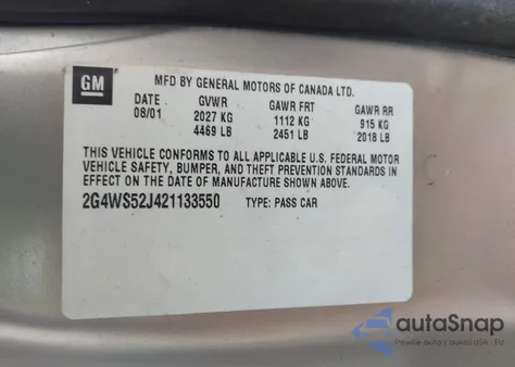 2002 Buick Century Custom из США, поврежденный, VIN 2G4WS52J421133550